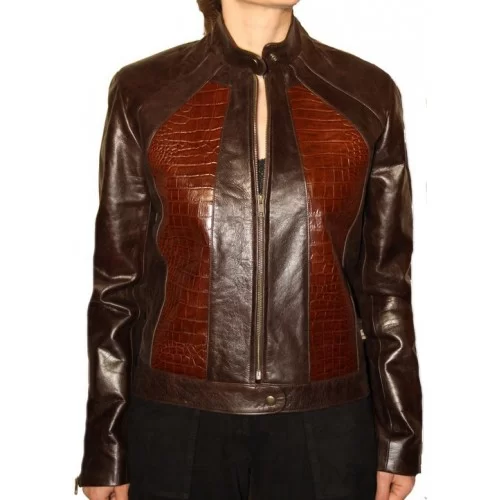 Blouson cuir de vachette marron et cuir impresion crocodile modèle Ismira