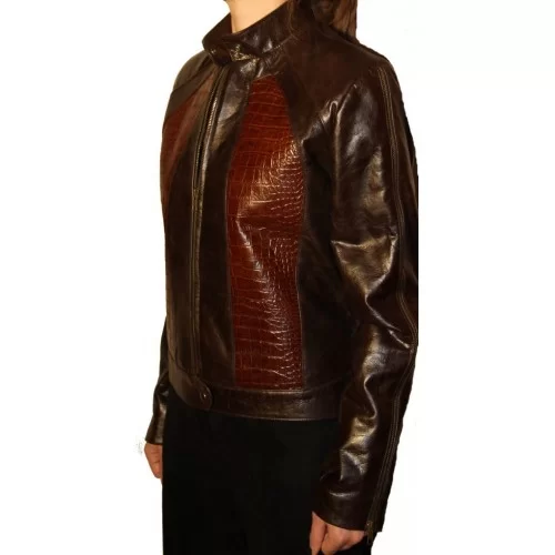 Blouson cuir de vachette marron et cuir impresion crocodile modèle Ismira