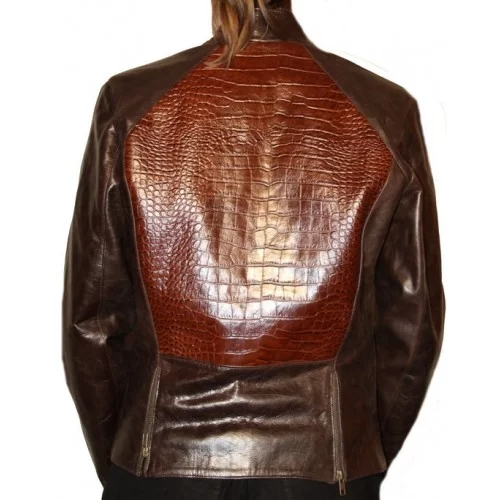 Blouson cuir de vachette marron et cuir impresion crocodile modèle Ismira