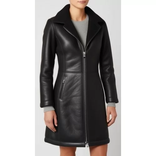 Trois quard en mouton retourné peau mérinos extèrieur aspect cuir huilé couleur noir intèrieur poils courts modèle Mathilda