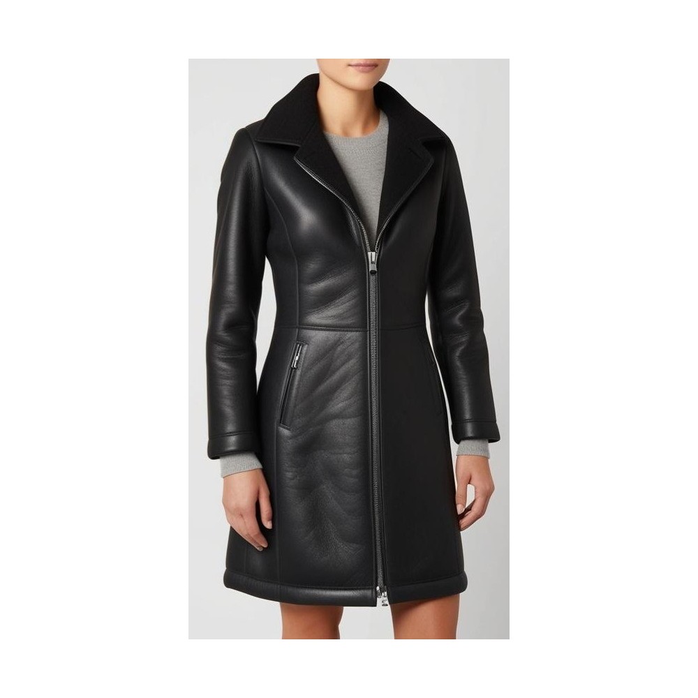 Trois quard en mouton retourné peau mérinos extèrieur aspect cuir huilé couleur noir intèrieur poils courts modèle Madilda
