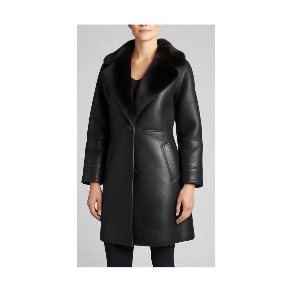 Trois quart femme mouton retourné aspect cuir huilé noir à l'extérieur modèle Virina