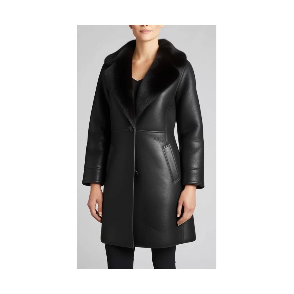 Trois quart femme mouton retourné aspect cuir huilé noir à l'extérieur modèle Virina