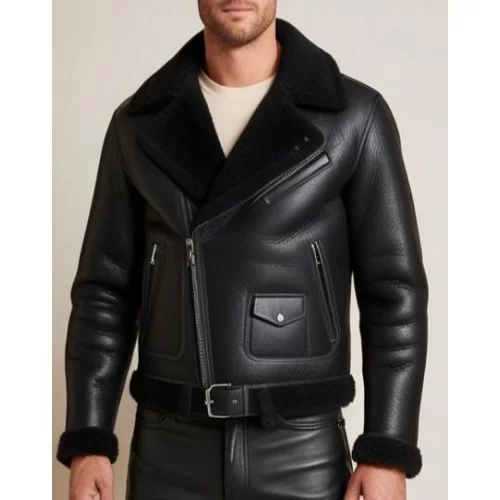Blouson type perfecto en mouton retourné extèrieur mouton huilé aspect cuir modèle Partoce