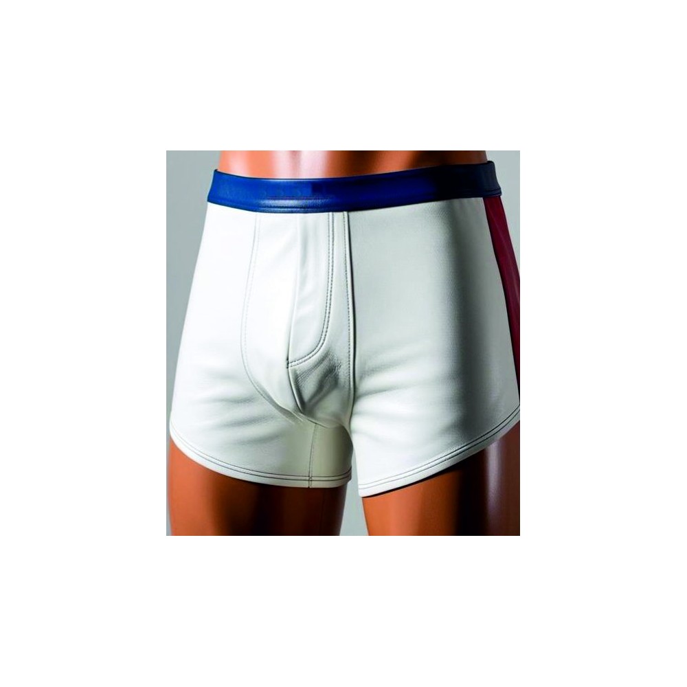 Boxer caleçon homme élastiqué en cuir stretch d'agneaux bleu blanc et rouge  modèle Roxano