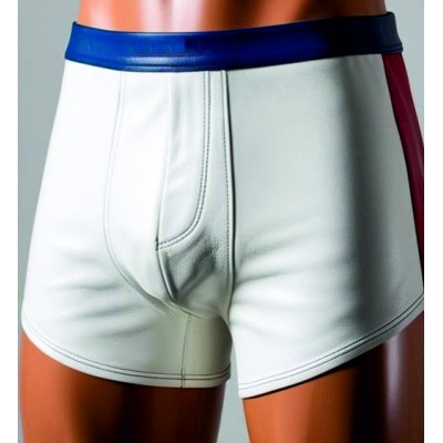 Boxer caleçon homme élastiqué en cuir stretch d'agneaux bleu blanc et rouge  modèle Roxano