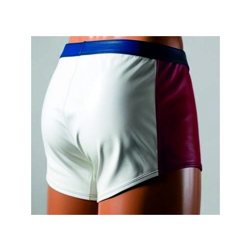 Boxer caleçon homme élastiqué en cuir stretch d'agneaux bleu blanc et rouge  modèle Roxano