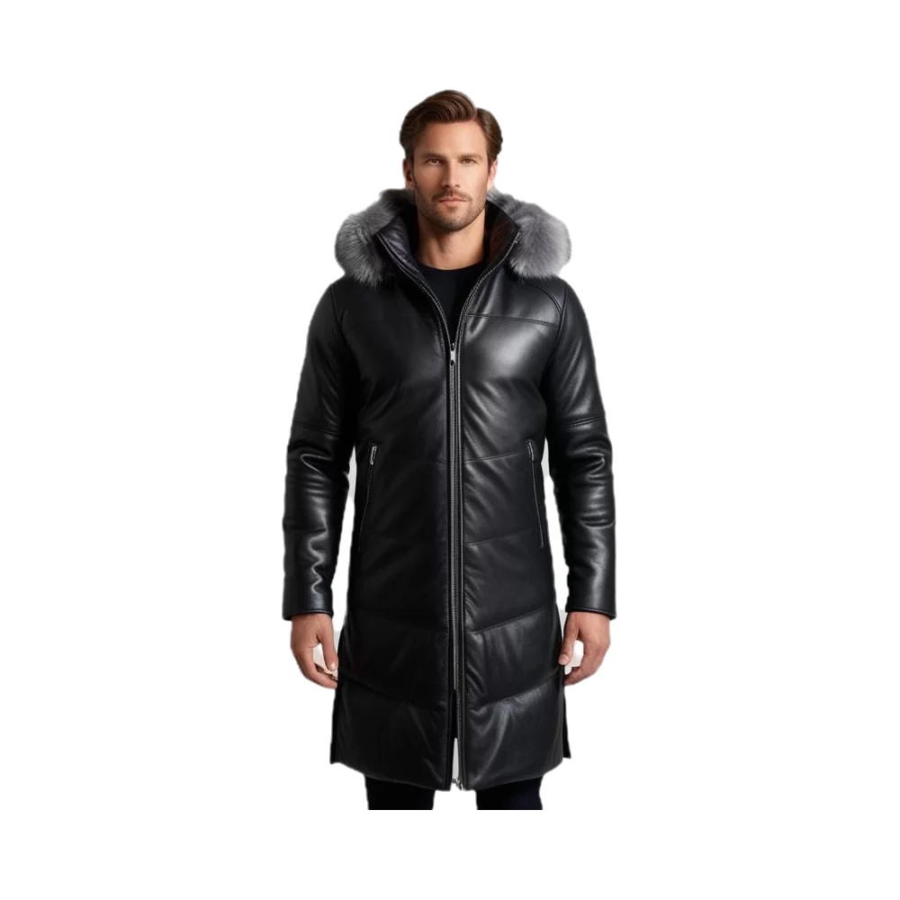 Trois quart doudoune longue homme capuche amovible bords renard argenté véritable modèle Danello