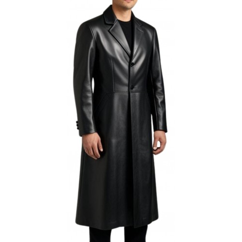 Veste redingote longue en cuir agneau noir fermeture boutons modèle amerole