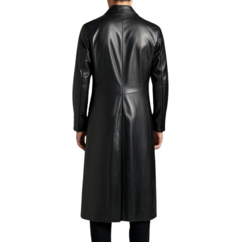 Veste redingote longue en cuir agneau noir fermeture boutons modèle amerole