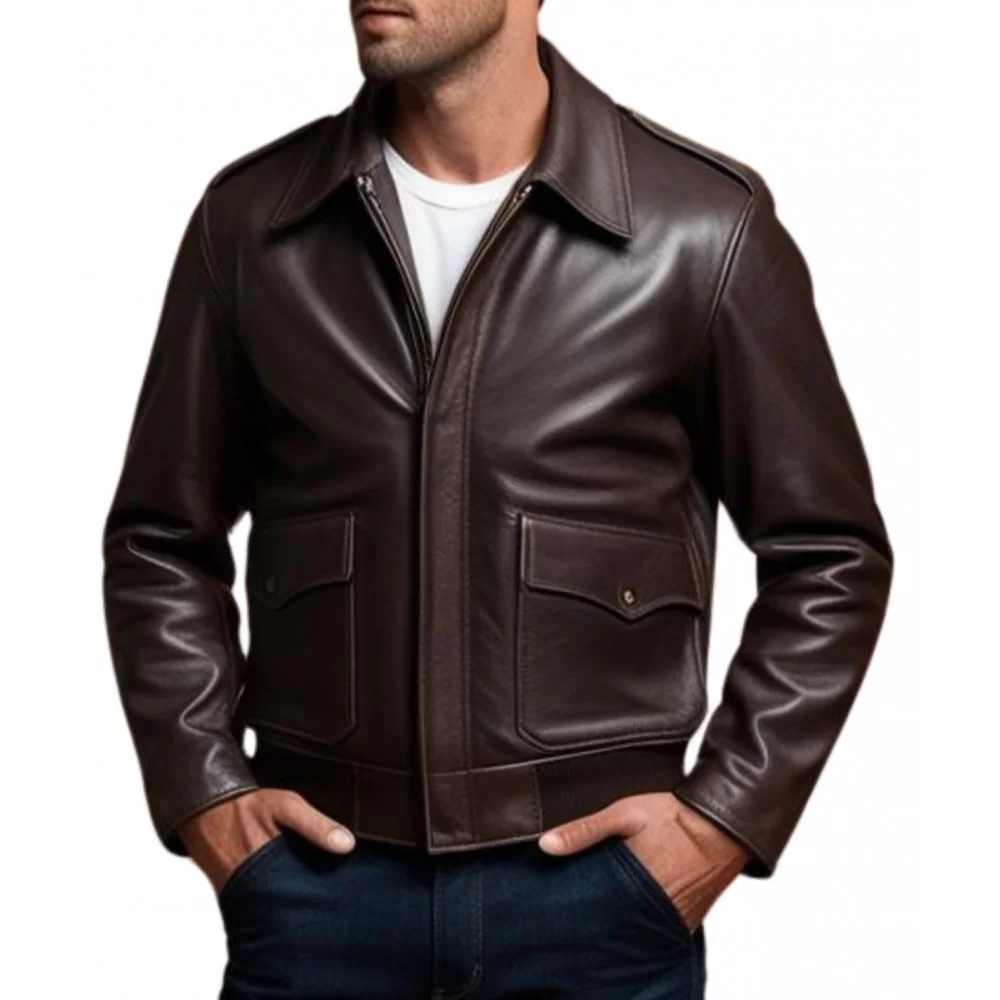 Blouson aviateur type fly américain coupe ajustée homme cuir marron modèle Flyppe