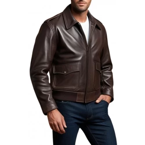 Blouson aviateur type fly américain coupe ajustée homme cuir marron modèle Flyppe