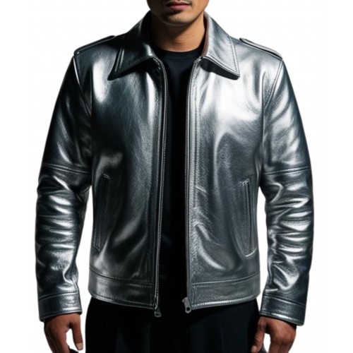 Blouson homme cuir classique agneau métal gris modèle Razia