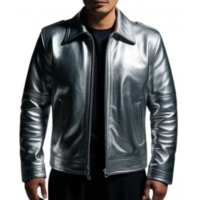 Blouson homme cuir classique agneau métal gris modèle Razia