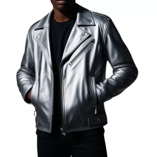 Blouson style perfecto en cuir gris métalisé homme modèle Forest