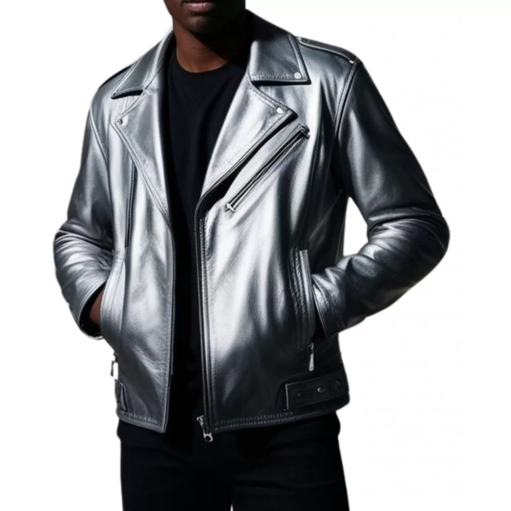 Blouson style perfecto en cuir gris métalisé homme modèle Forest