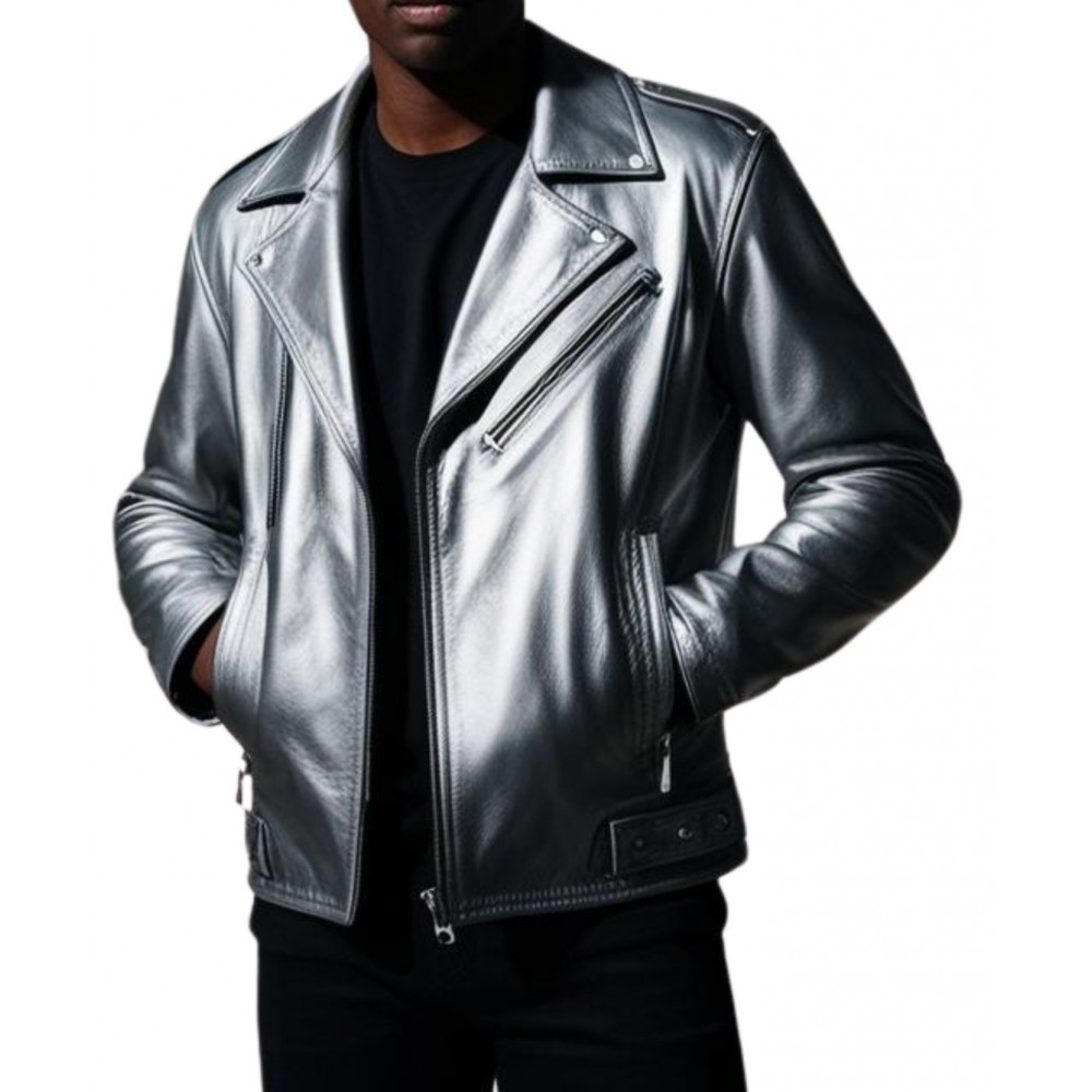 Blouson style perfecto en cuir gris métalisé homme modèle Forest