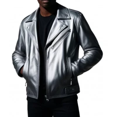 Blouson style perfecto en cuir gris métalisé homme modèle Forest