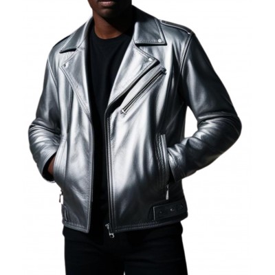 Blouson style perfecto en cuir gris métalisé homme modèle Forest