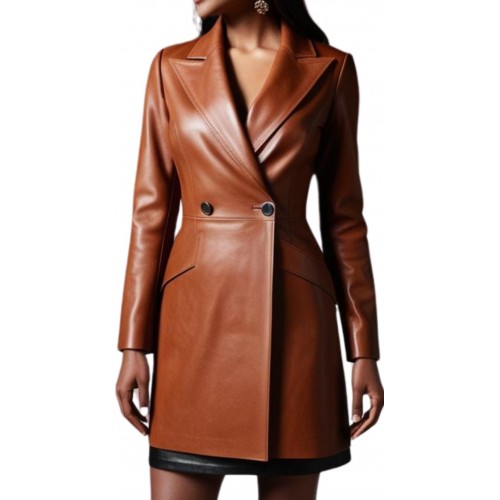 Veste cuir redingote femme agneau plongé marron modèle Karlota