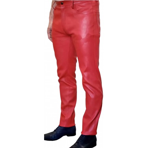 Pantalon cuir stretch jeans agneau rouge modèle Trinity