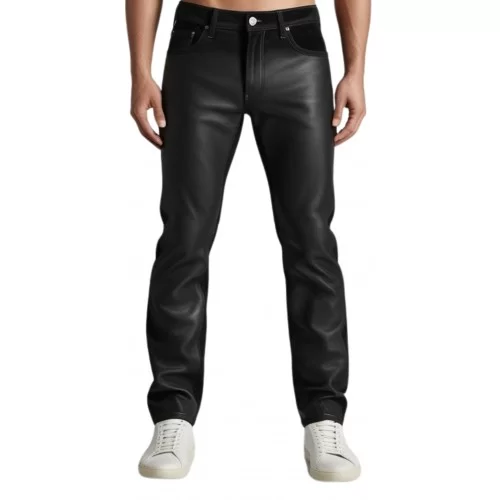 Pantalon homme cuir agneau noir poches revolver devant agneau cuir et arriere veau velours modèle Julien