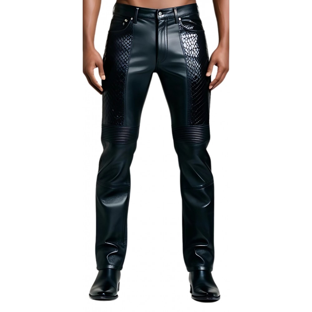 Pantalon jeans cuir agneau plongé et python véritable modèle Arismona