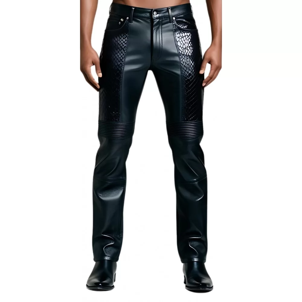 Pantalon jeans cuir agneau plongé et python véritable modèle Arismona Pantalon jeans cuir agneau plongé et python véritable modèle Arismona