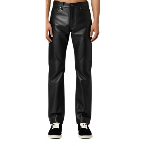 Pantalon en cuir homme coupe jeans évasée cuir agneau noir modèle Arial