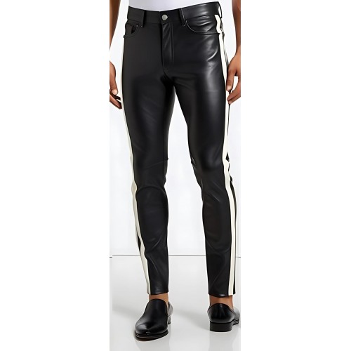 Pantalon cuir stretch jeans agneau noir avec sur les côtés 2 bandes en cuir blanc modèle Neptune