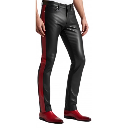Pantalon cuir stretch jeans agneau noir avec sur les côtés 1 bande en cuir rouge modèle Romain