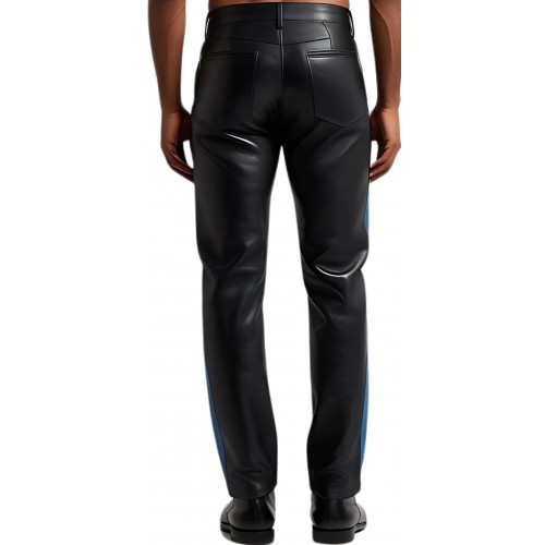 Pantalon en cuir agneau noir coupe jeans avec 1 bande bleue de chaque côté modèle Sidney