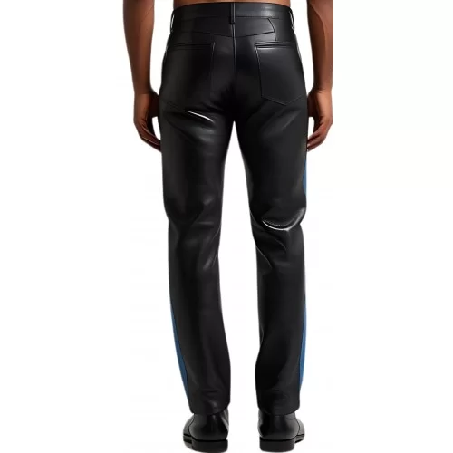 Pantalon en cuir agneau noir coupe jeans avec 1 bande bleue de chaque côté modèle Sidney