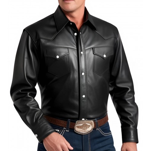 Chemise western en cuir d'agneau noir fermeture par boutons pressions  modèle Dorice