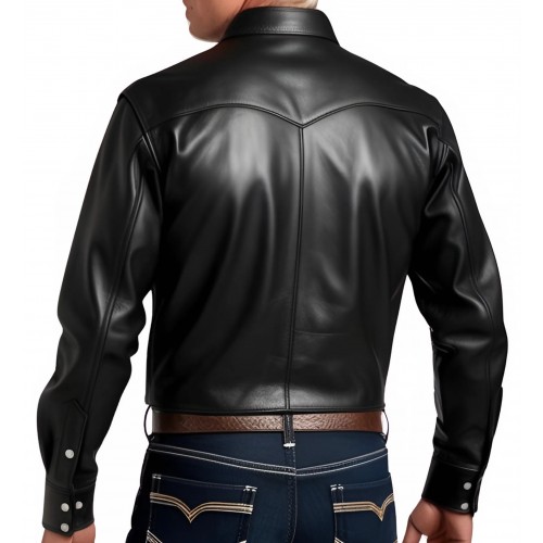 Chemise western en cuir d'agneau noir fermeture par boutons pressions  modèle Dorice