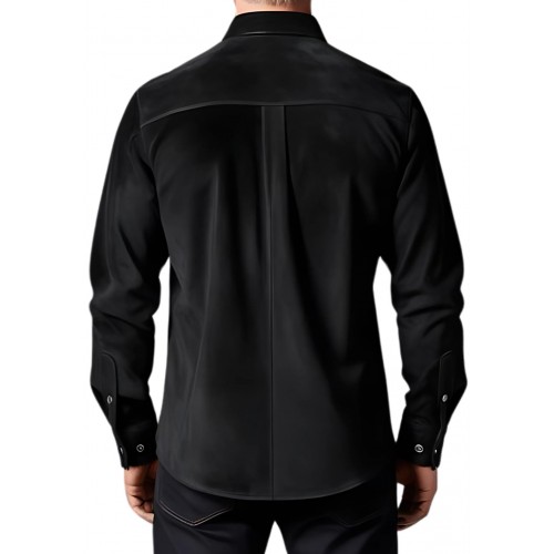 Chemise homme agneau velours noir avec poches en cuir modèle Gaspard