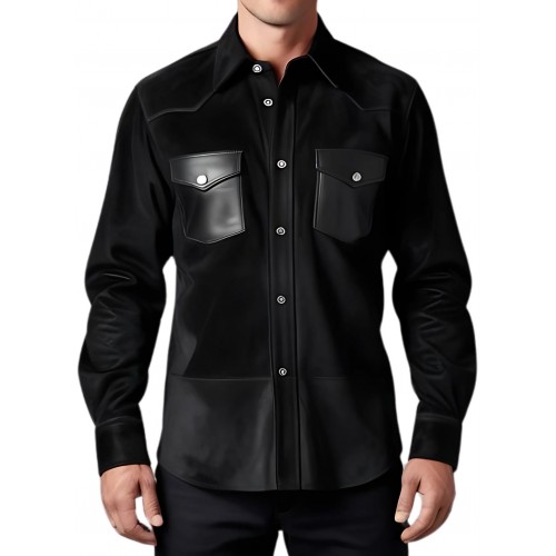 Chemise homme agneau velours noir avec poches en cuir modèle Gaspard