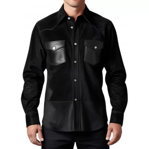Chemise homme agneau velours noir avec poches en cuir modèle Gaspard