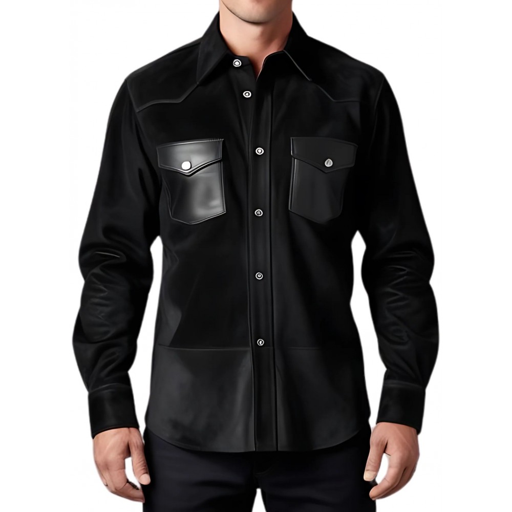 Chemise homme agneau velours noir avec poches en cuir modèle Gaspard