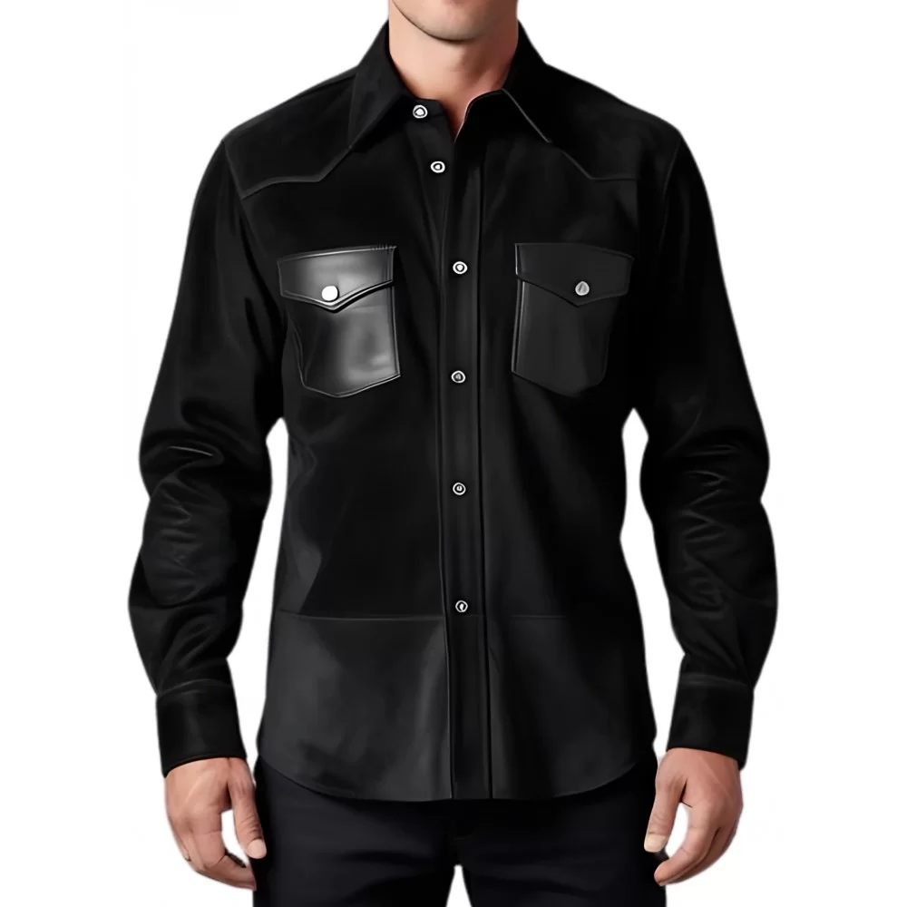 Chemise homme agneau velours noir avec poches en cuir modèle Gaspard