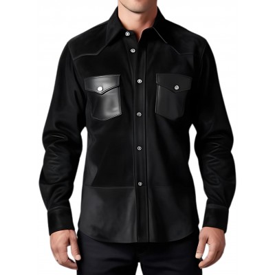 Chemise homme agneau velours noir avec poches en cuir modèle Gaspard