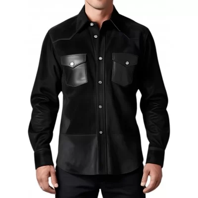Chemise homme agneau velours noir avec poches en cuir modèle Gaspard