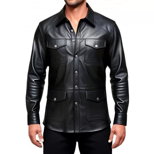 Chemise type saharienne multi poches cuir agneau noir modèle Colony
