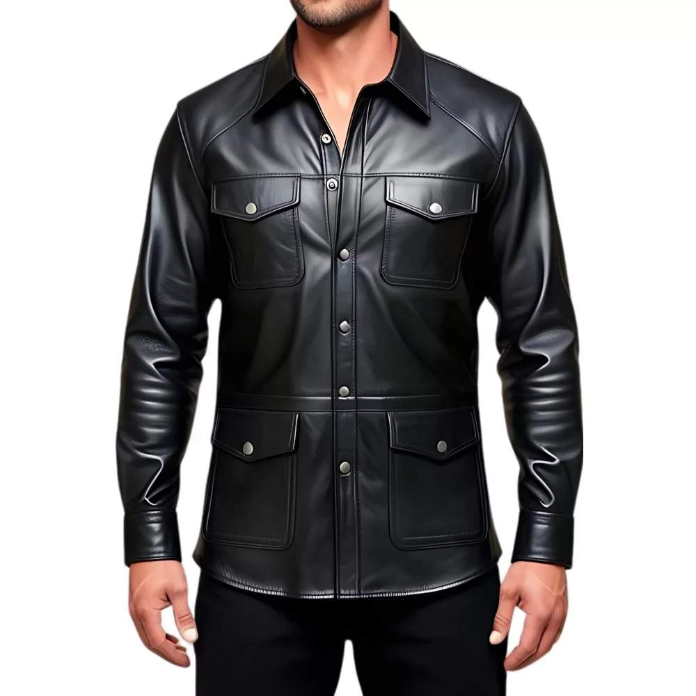 Chemise type saharienne multi poches cuir agneau noir modèle Colony