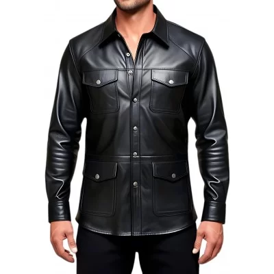 Chemise type saharienne multi poches cuir agneau noir modèle Colony