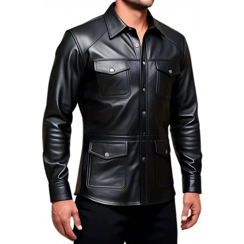 Chemise type saharienne multi poches cuir agneau noir modèle Colony