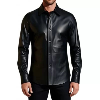 Chemise cuir agneau couleur noir fermée par boutons modèle Paolo