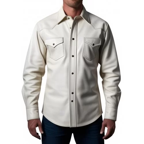Chemise en cuir agneau blanc type western fermeture par boutons modèle Jameson