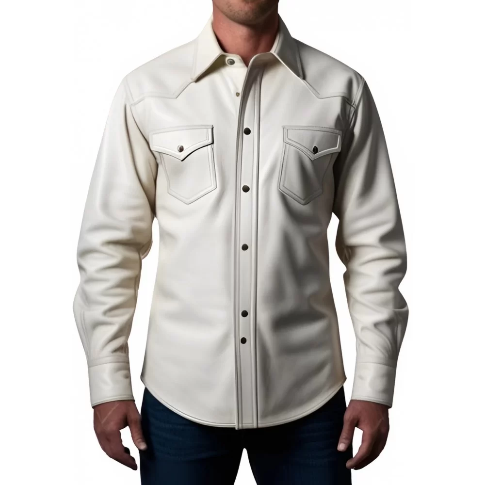 Chemise en cuir agneau blanc type western fermeture par boutons modèle Jameson