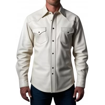 Chemise en cuir agneau blanc type western fermeture par boutons modèle Jameson